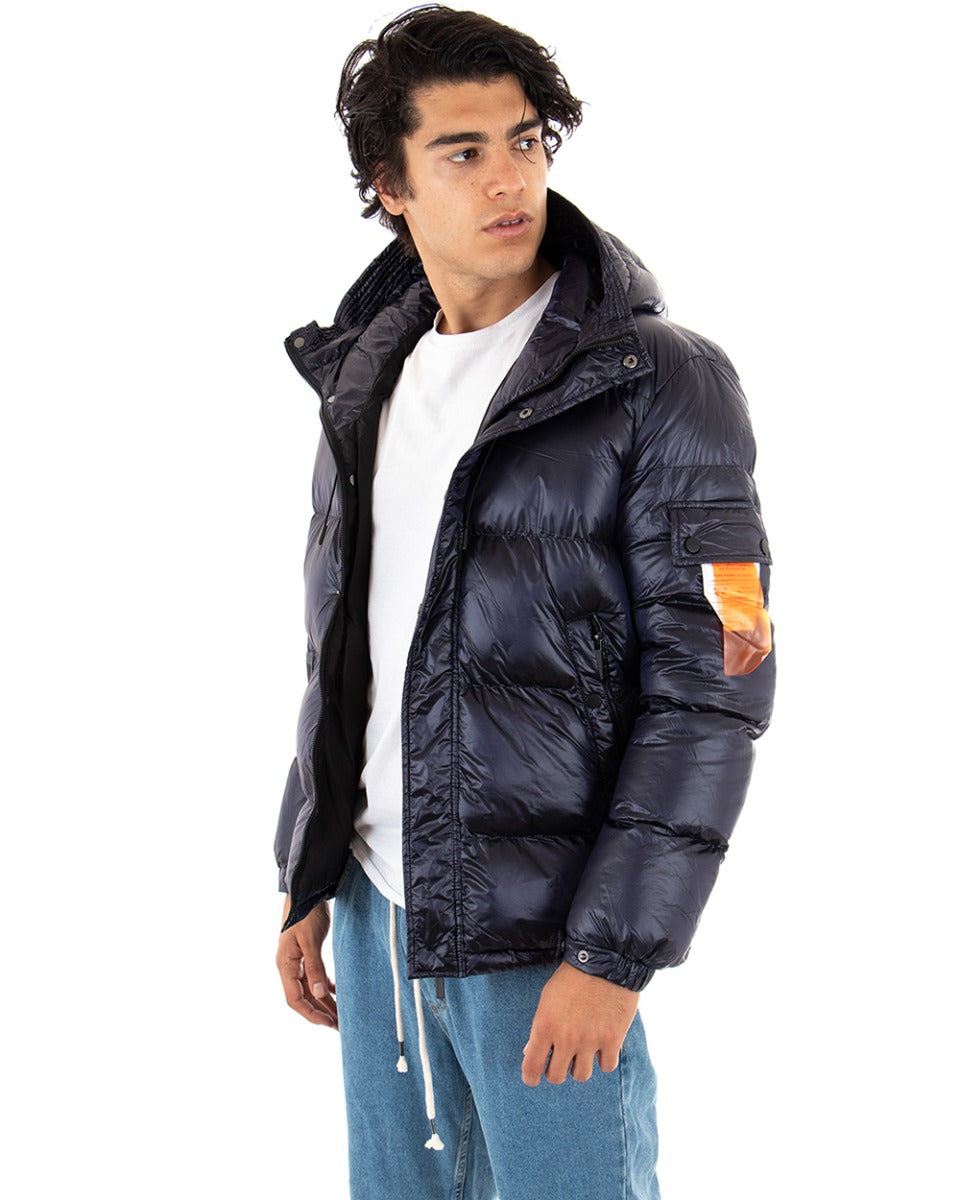 Men's Long Sleeves Solid Color Metallic Blue Casual Jacket with Hood GIOSAL