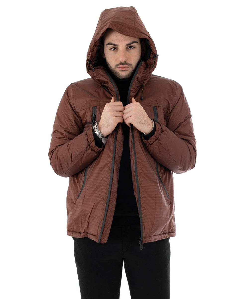 Men's Long Sleeve Solid Color Brown Jacket Casual Hooded Zip Jacket GIOSAL