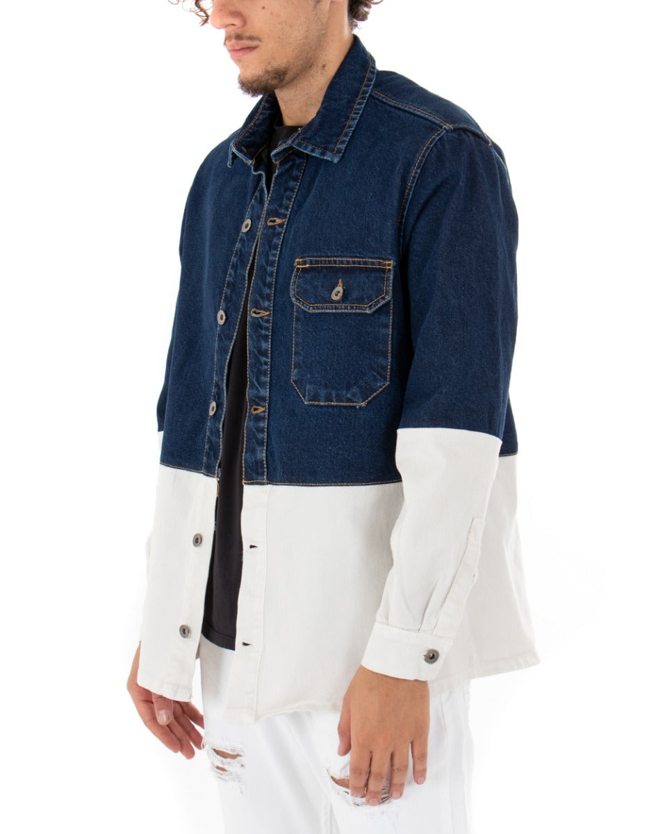 Men's Dark Denim Jeans Jacket Double Wash White Long Sleeve Casual GIOSAL