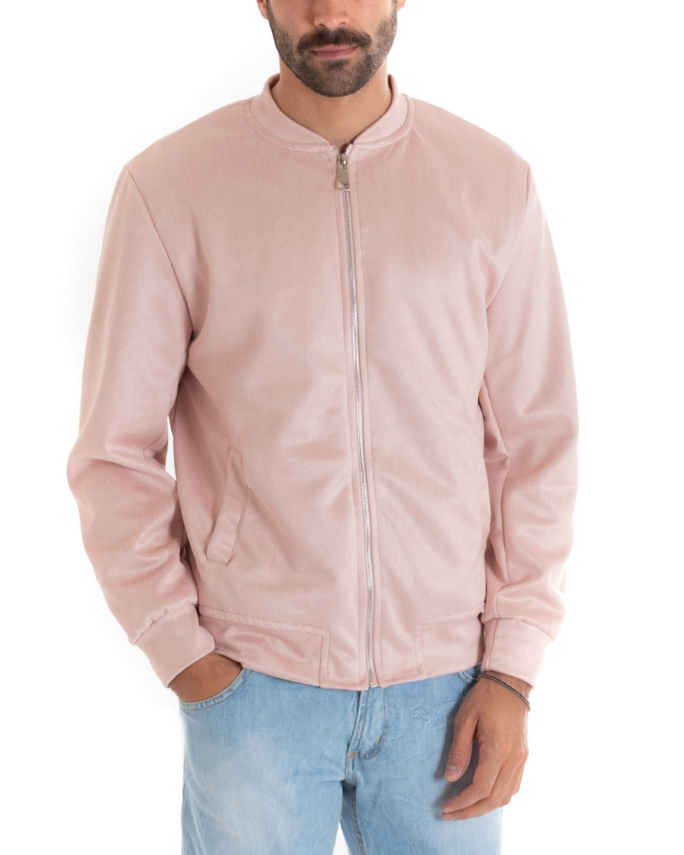 Men's Suede Long Sleeve Solid Color Pink College Casual Jacket GIOSAL