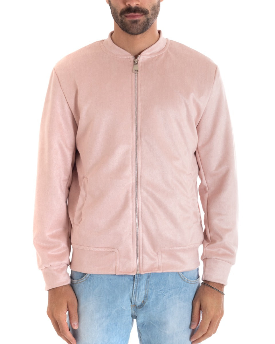 Men's Suede Long Sleeve Solid Color Pink College Casual Jacket GIOSAL