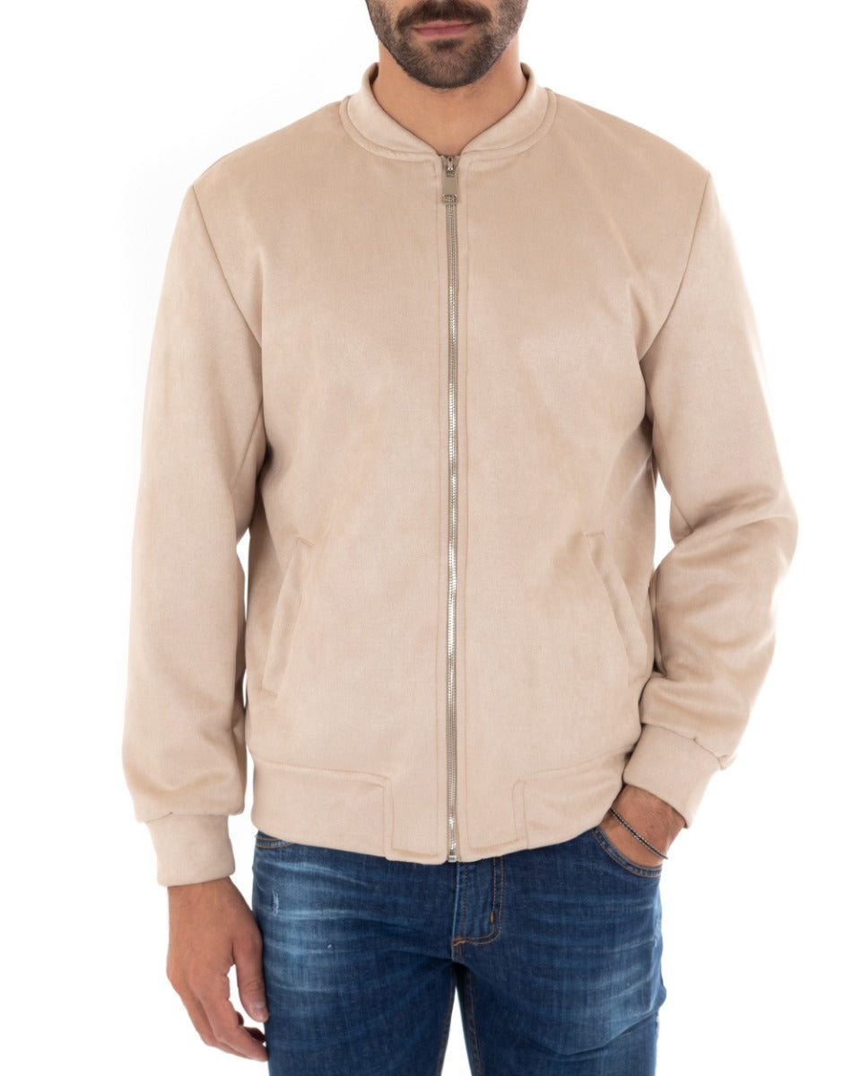 Giubbotto Uomo Bomber Camoscio Tinta Unita Beige Casual GIOSAL-G2811A