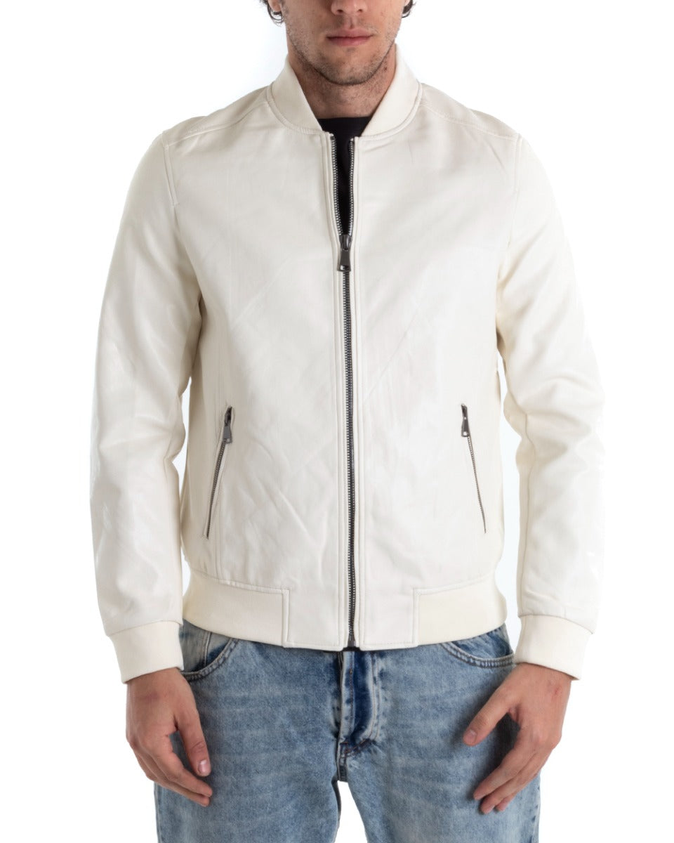 Men's Faux Leather Jacket Plain White College Long Sleeves GIOSAL