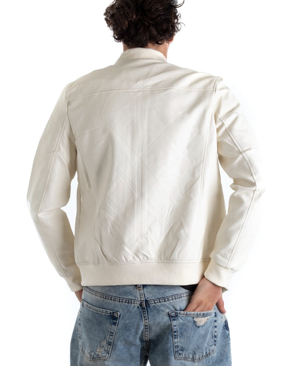 Men's Faux Leather Jacket Plain White College Long Sleeves GIOSAL