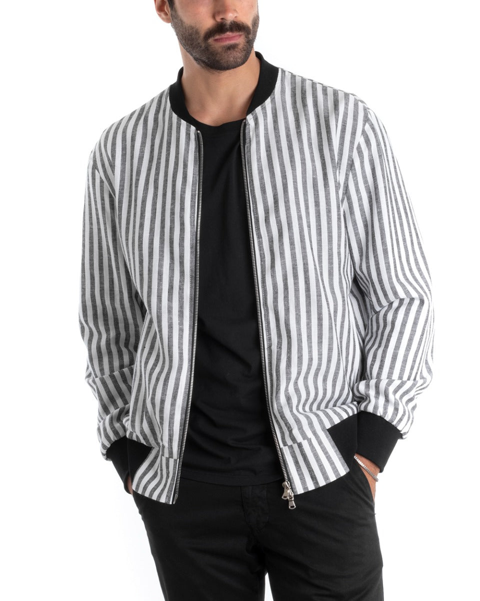 Men's Long Sleeve Striped Casual Jacket Black Light Viscose GIOSAL