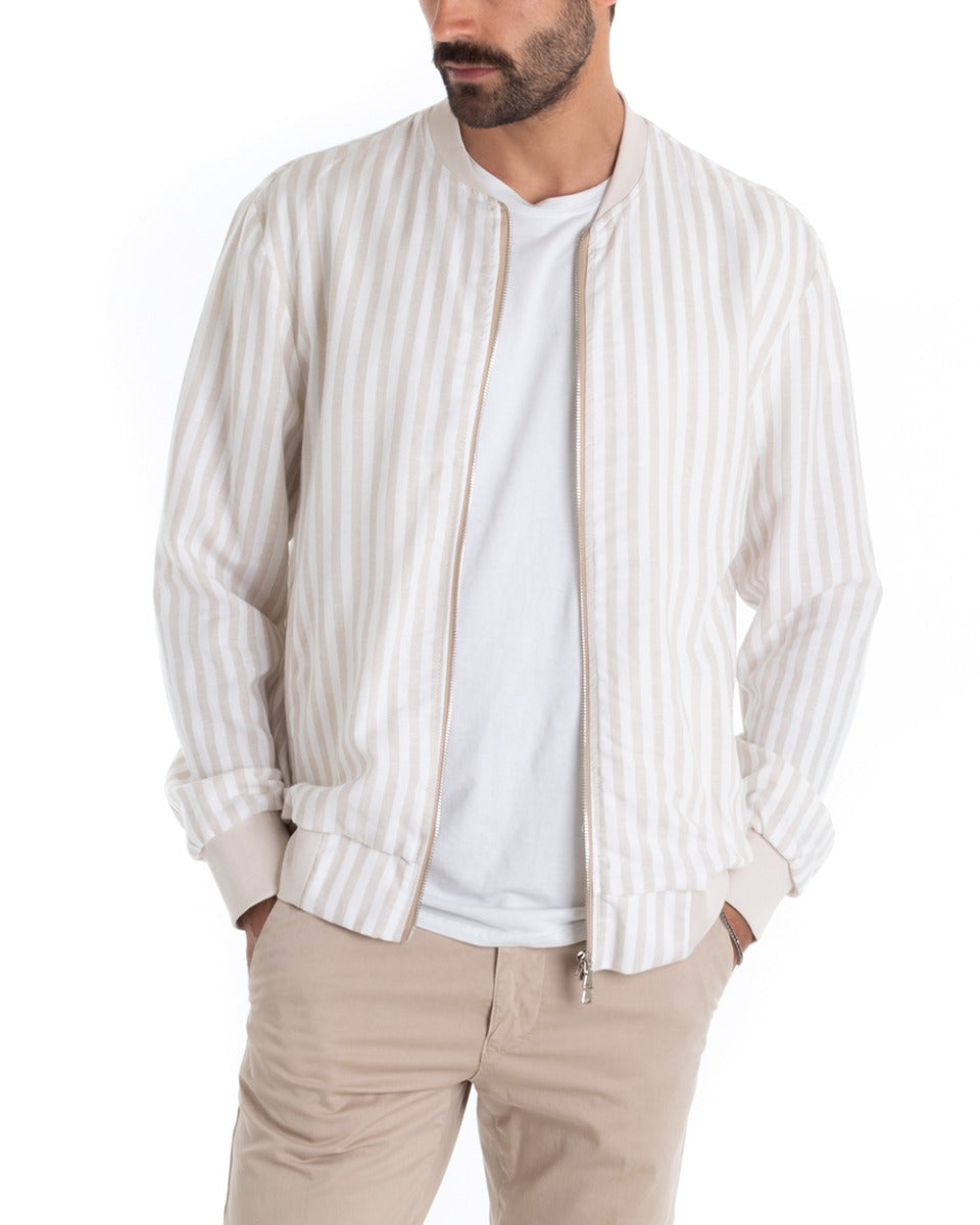 Men's Long Sleeve Striped Casual Jacket Beige Light Viscose GIOSAL