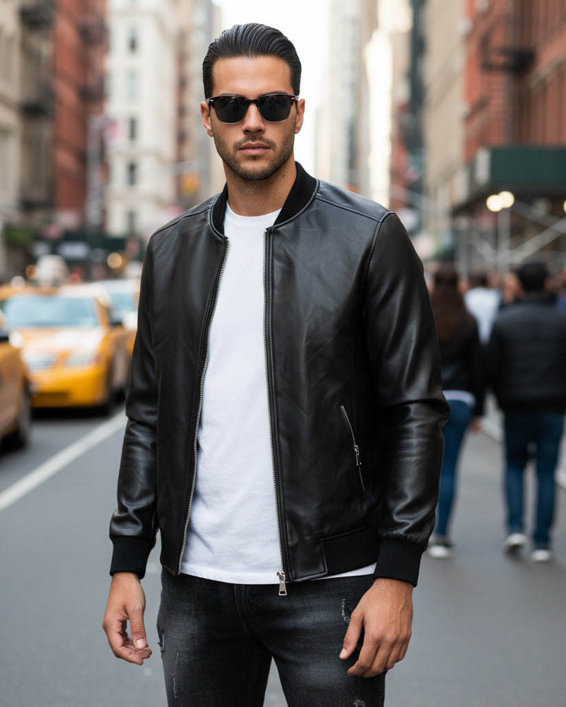 Giubbotto Uomo College Ecopelle Biker Basic Tinta Unita Nero GIOSAL-G2859A