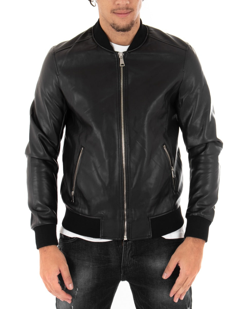 Men's Faux Leather Jacket Solid Color Black College Long Sleeves GIOSAL G2859A