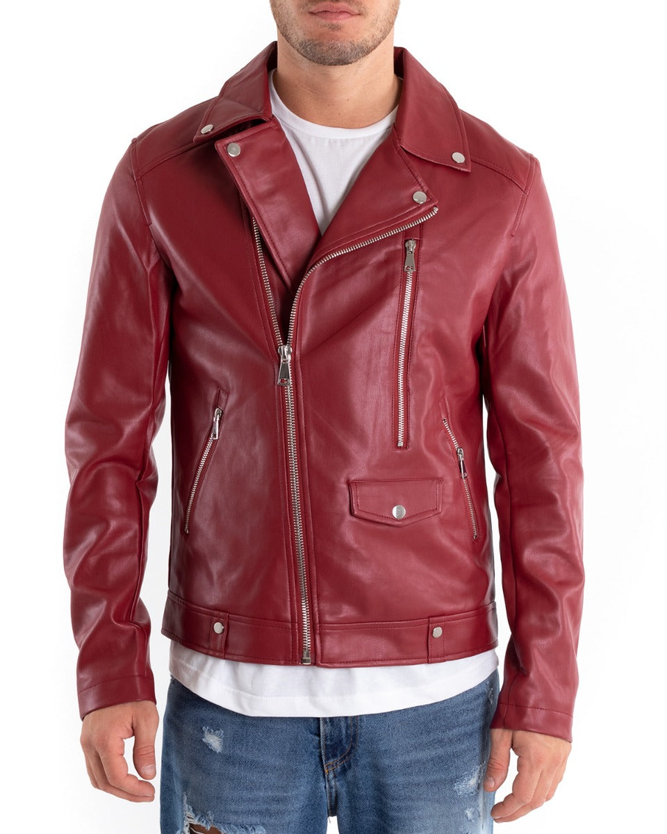 Men's Faux Leather Jacket Solid Color Burgundy Casual GIOSAL G2868A