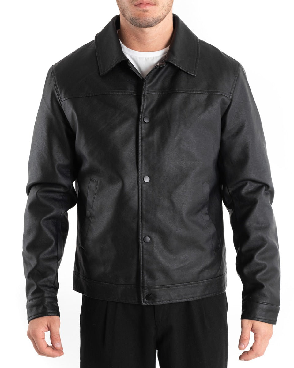 Men's Jacket Shirt Solid Black Faux Leather Long Sleeve GIOSAL