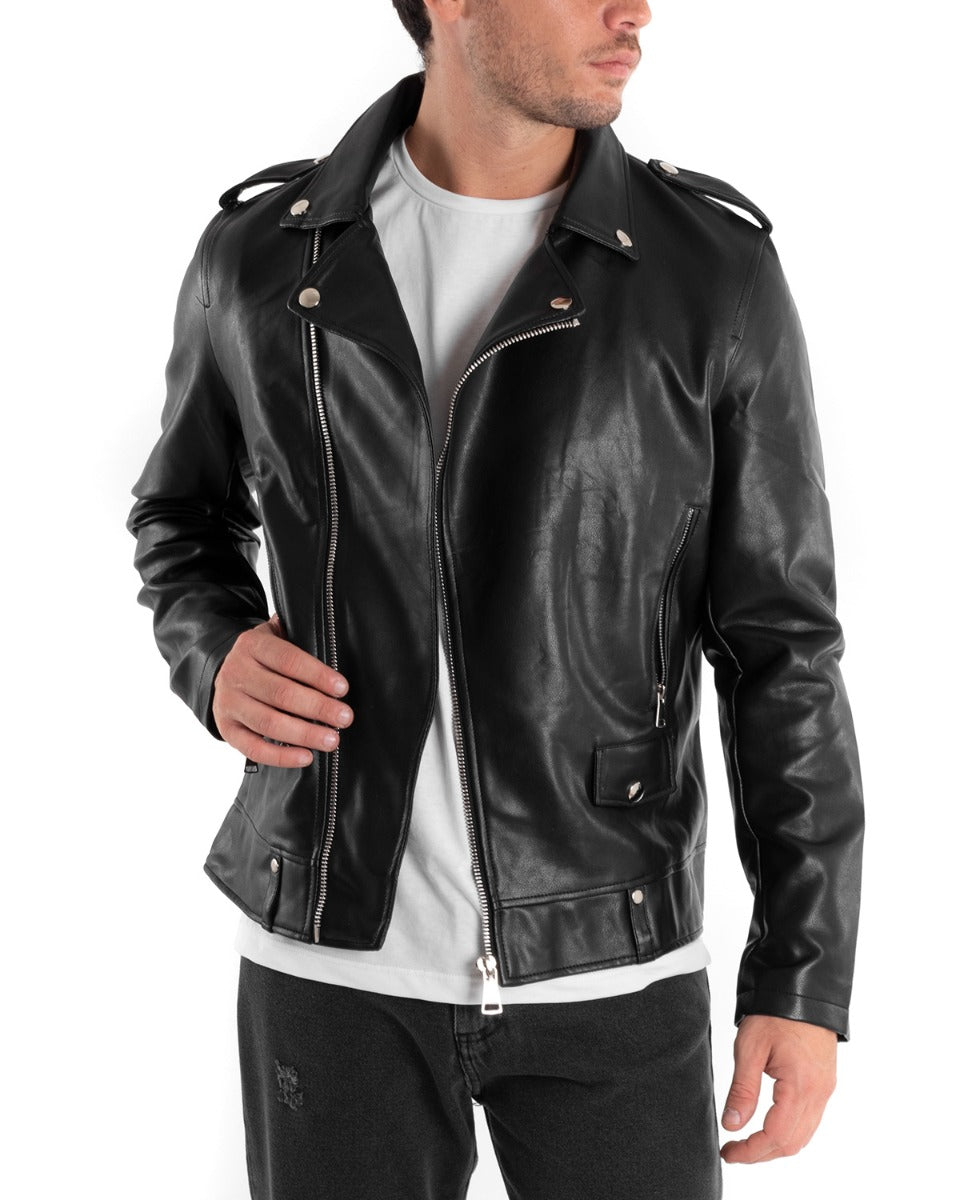 Men's Faux Leather Jacket Black Solid Color Casual Long Sleeve GIOSAL G2870A