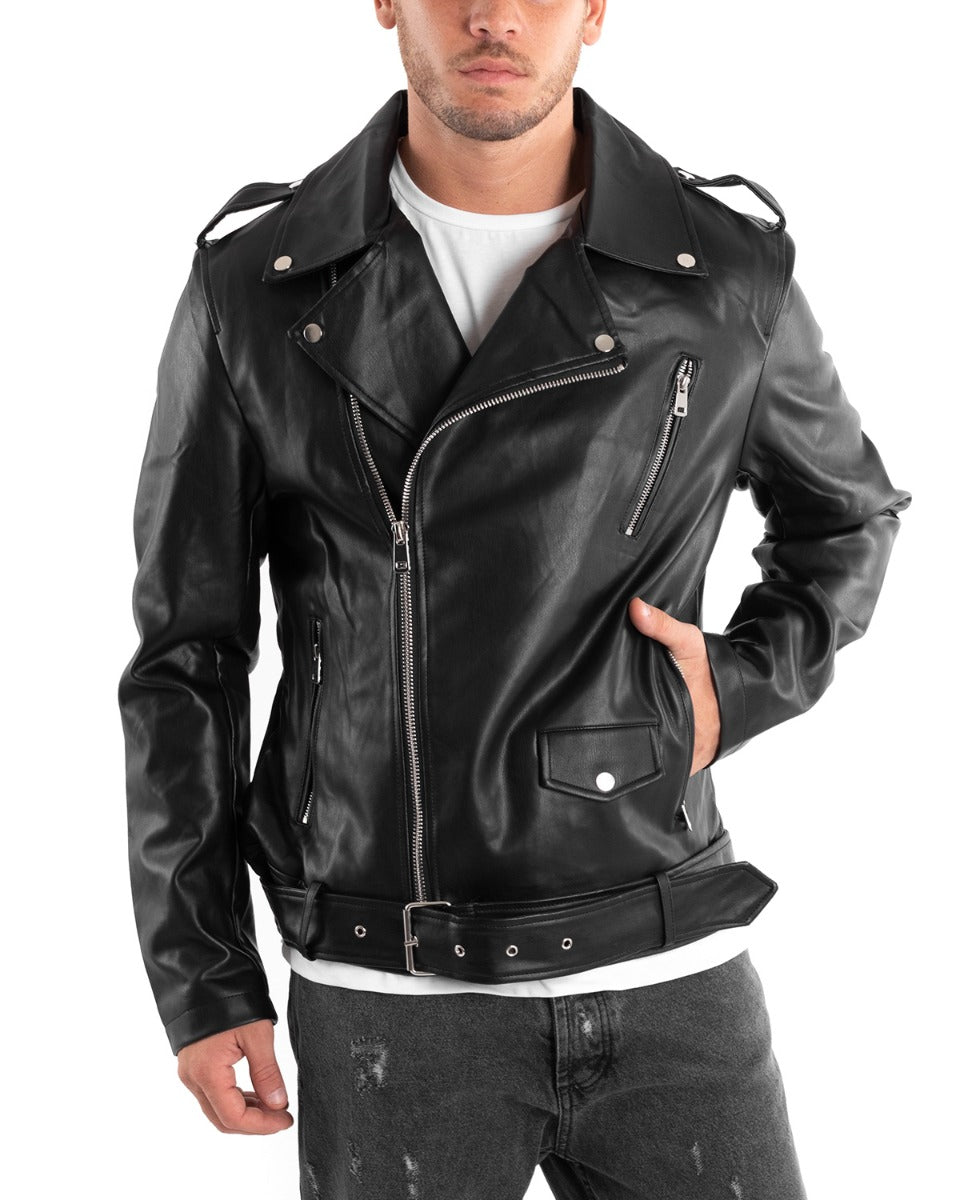 Men's Long Sleeve Solid Color Faux Leather Jacket Black Casual Studded GIOSAL G2873A