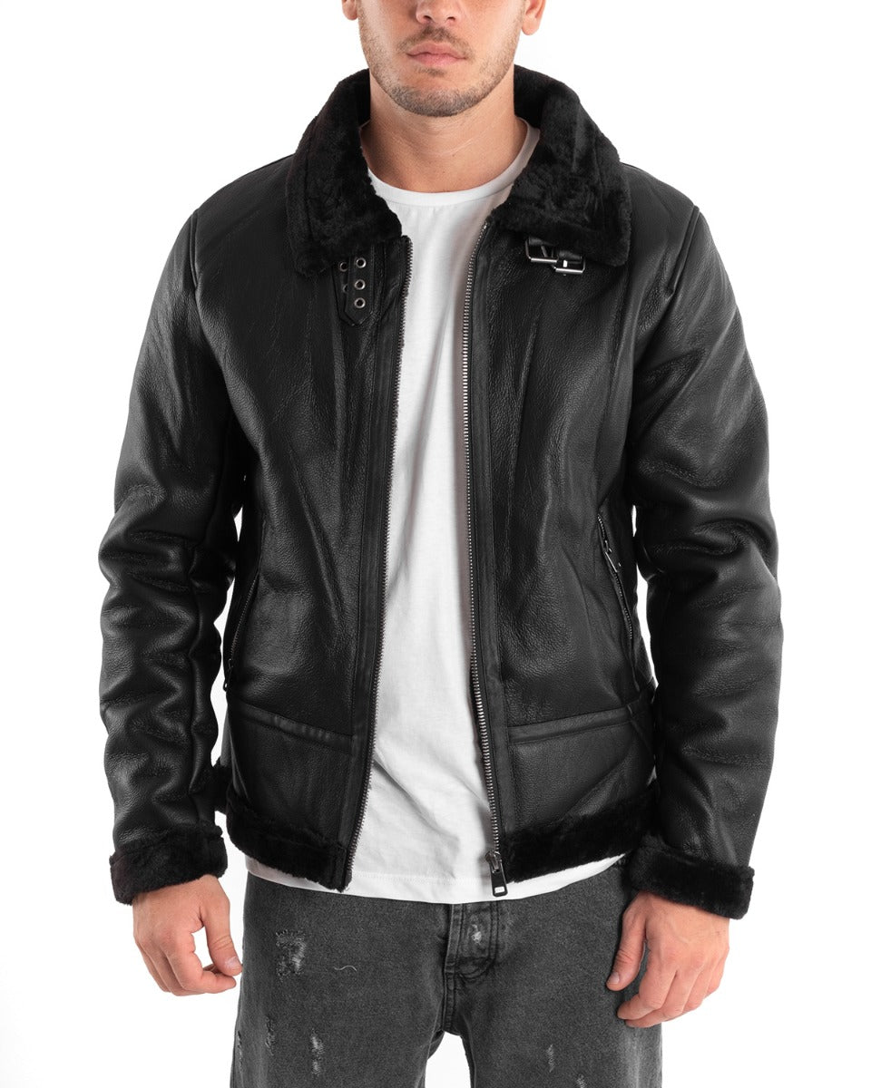 Men's Solid Color Black Fur Faux Leather Casual Bomber Jacket GIOSAL