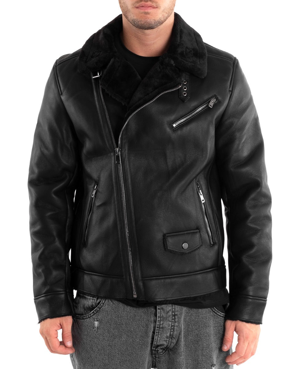 Mens faux leather on sale jacket with fur collar