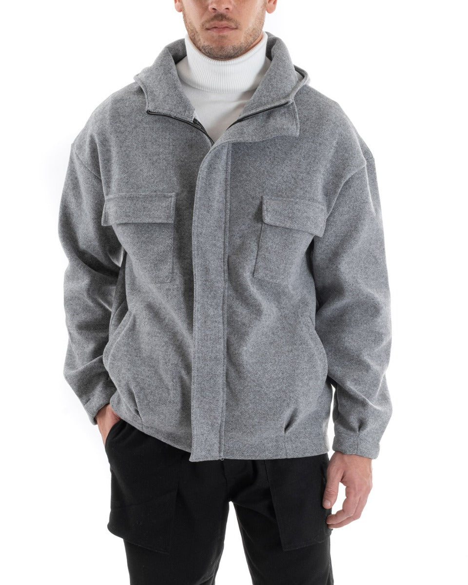 Coat Jacket Men's Jacket With Zip Suede Hood Solid Color Casual Gray GIOSAL-G2945A