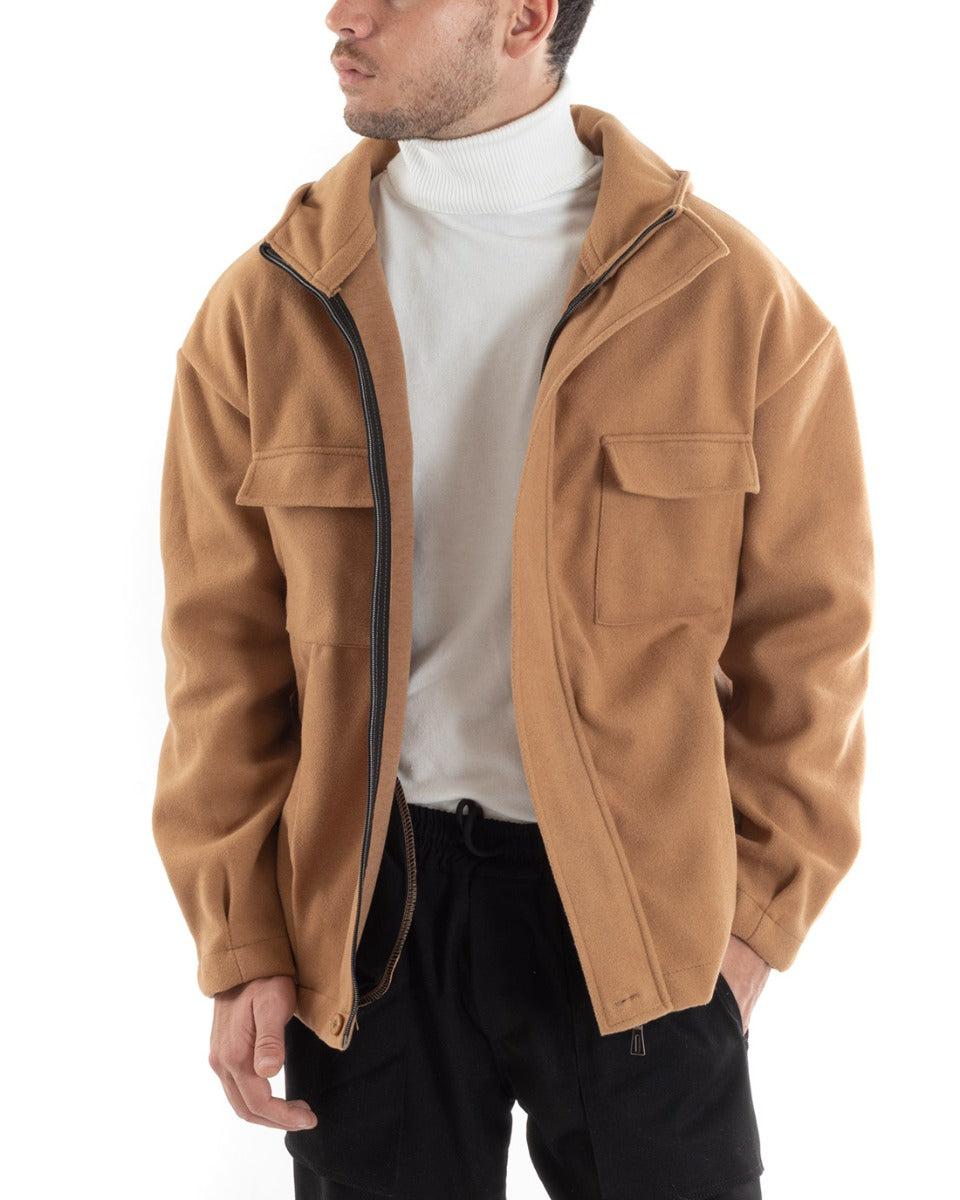 Coat Jacket Men's Jacket With Zip Suede Hood Solid Color Camel Casual GIOSAL-G2946A