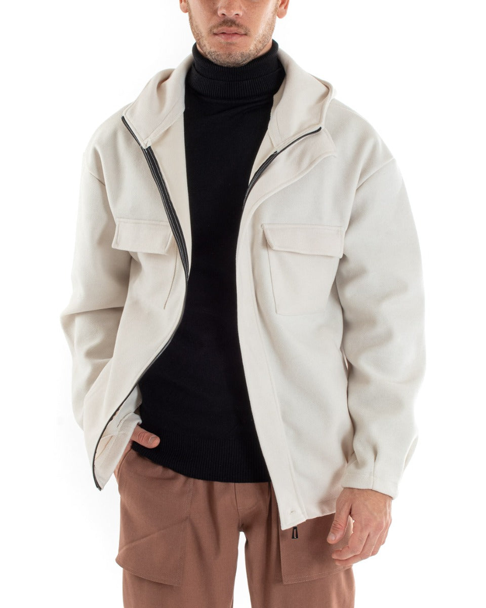 Coat Jacket Men's Jacket With Zip Suede Hood Solid Color Cream Casual GIOSAL-G2948A