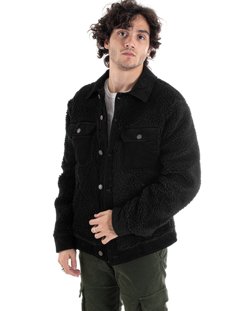 Men's Black Fur Jacket Solid Color Long Sleeve Casual GIOSAL-G2970A