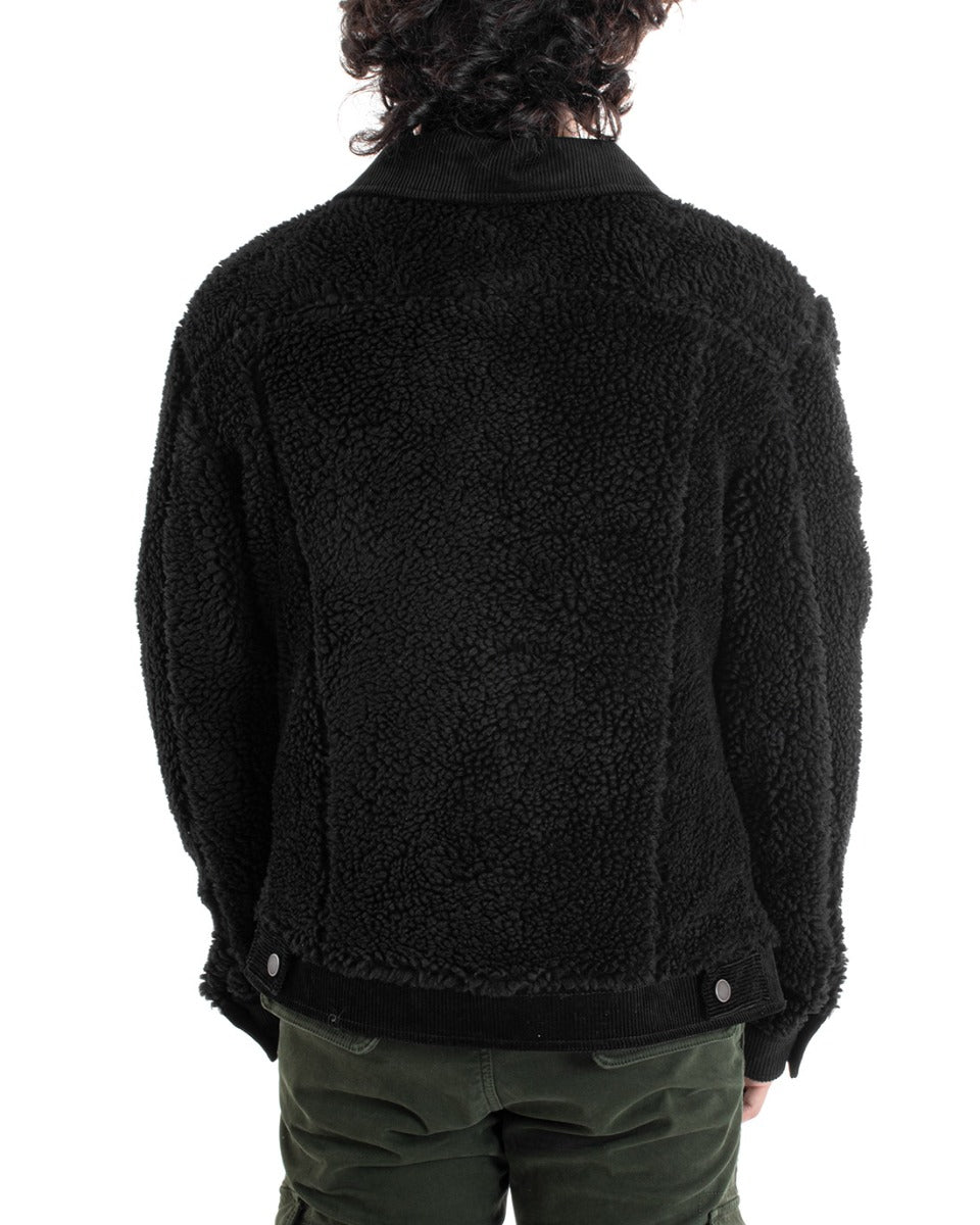 Men's Black Fur Jacket Solid Color Long Sleeve Casual GIOSAL-G2970A
