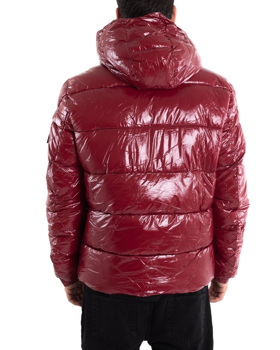 Men's Bomber Jacket Shiny Patent Hood Solid Color Bordeaux GIOSAL-G2985A