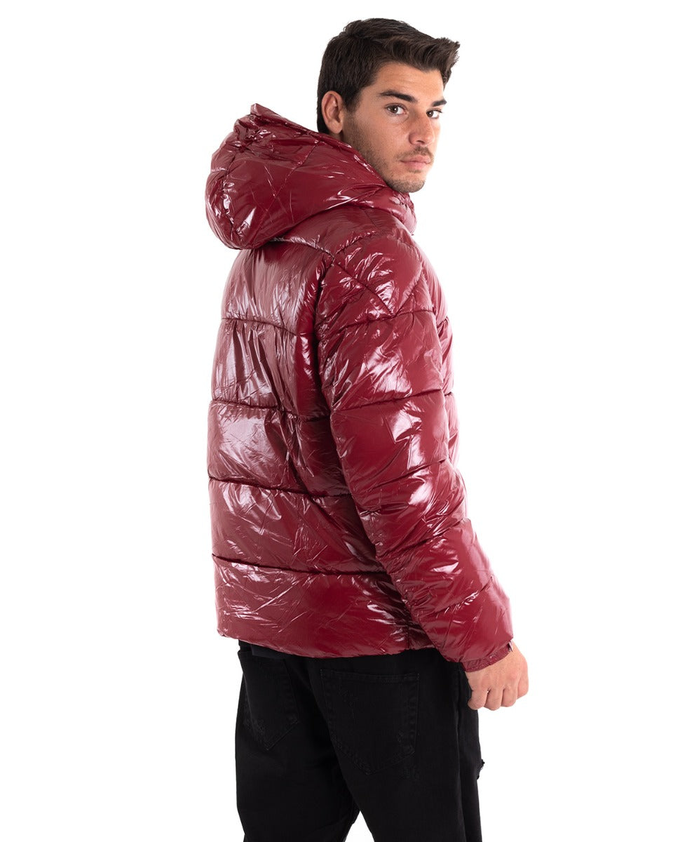 Men's Bomber Jacket Shiny Patent Hood Solid Color Bordeaux GIOSAL-G2985A