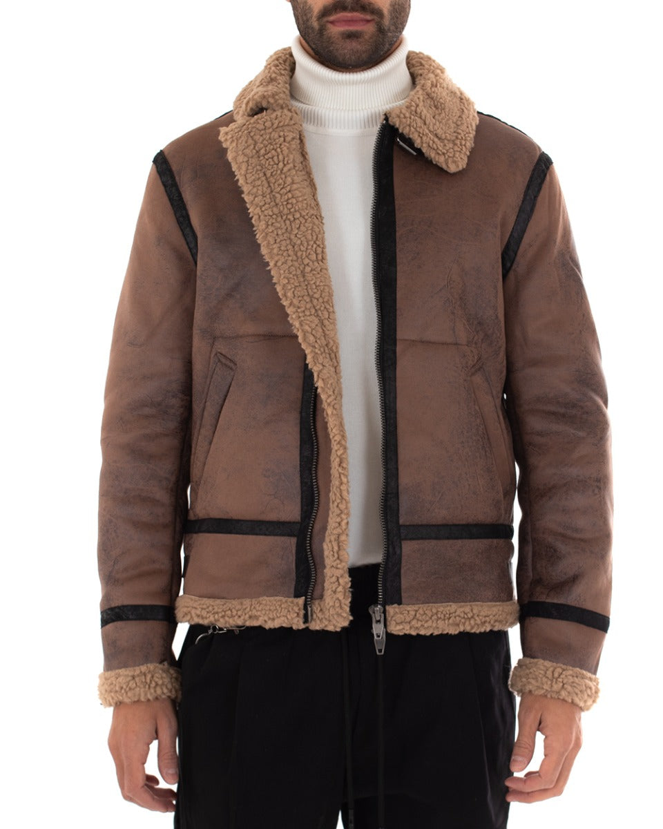Men's Brown Sheepskin Fur Long Sleeve Casual Jacket GIOSAL-G2990A