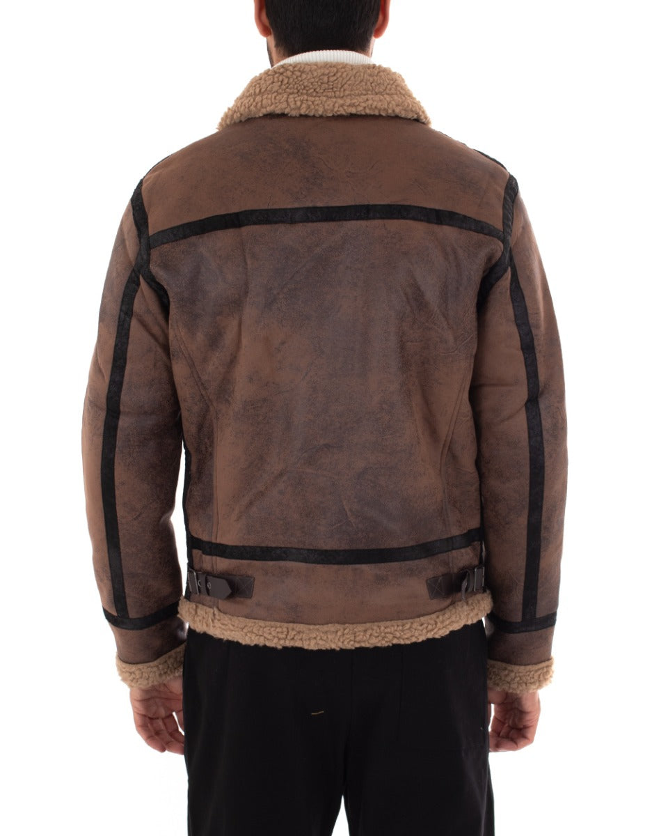 Men's Brown Sheepskin Fur Long Sleeve Casual Jacket GIOSAL-G2990A