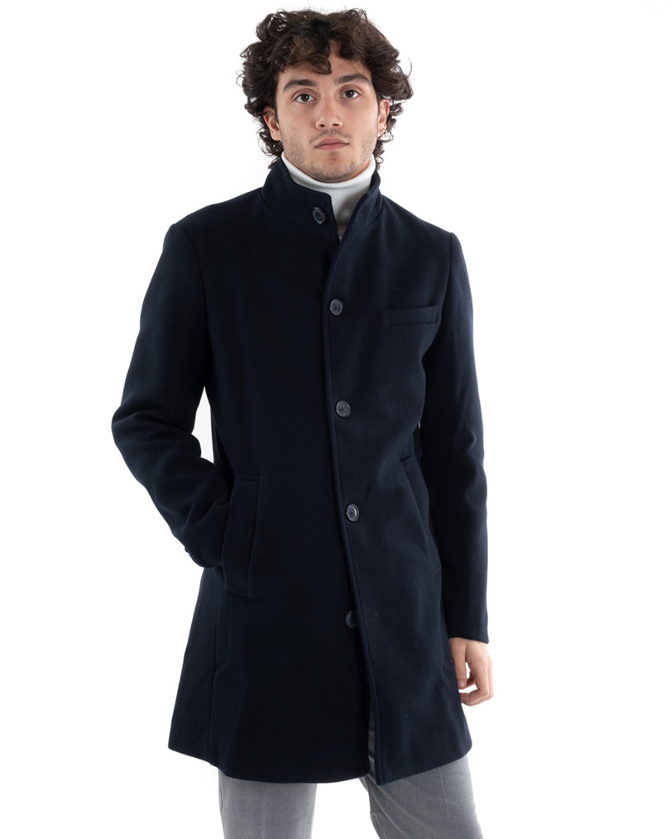 Cappotto Monopetto Uomo Giacca Collo Coreano Giaccone Lungo Blu Baronetto Elegante GIOSAL-G3008A