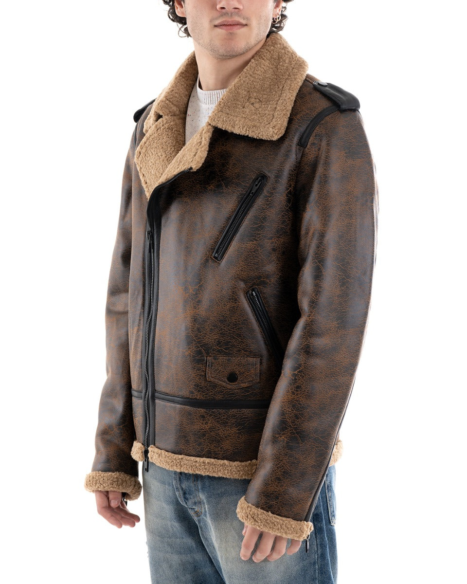 Men's Brown Sheepskin Fur Long Sleeve Casual Jacket GIOSAL-G3014A