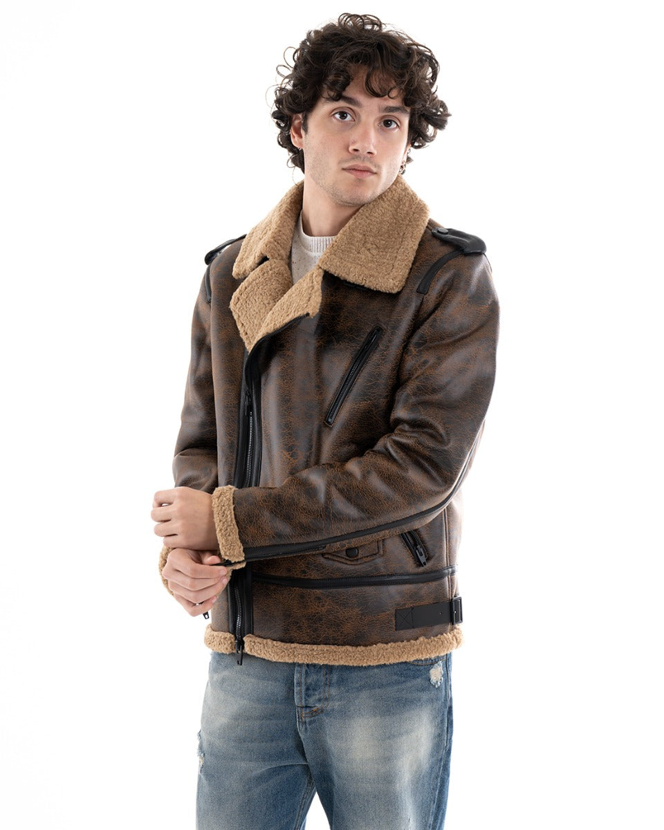 Men's Brown Sheepskin Fur Long Sleeve Casual Jacket GIOSAL-G3014A