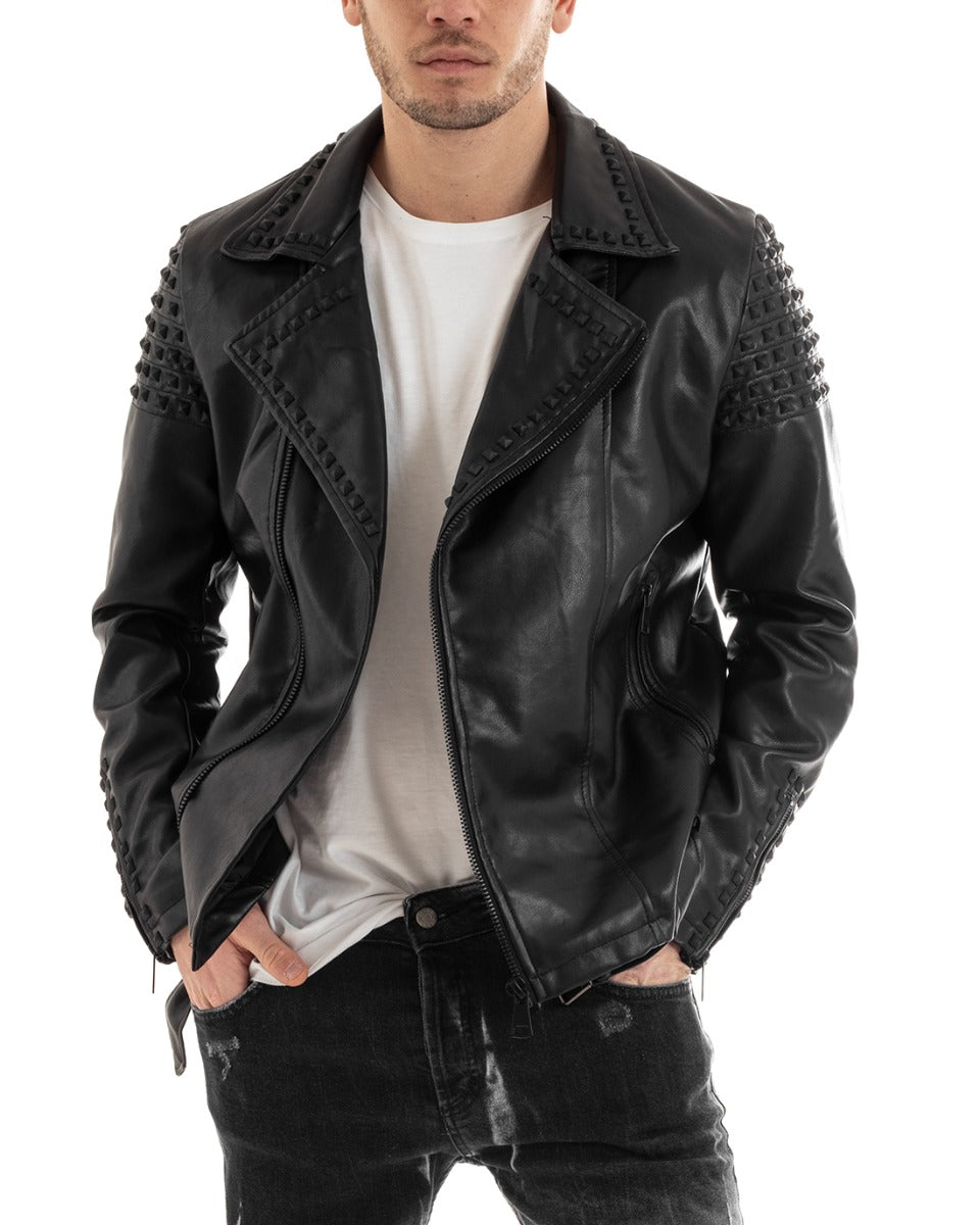 Men's Biker Jacket Studded Collar Solid Color Black GIOSAL-G3024A