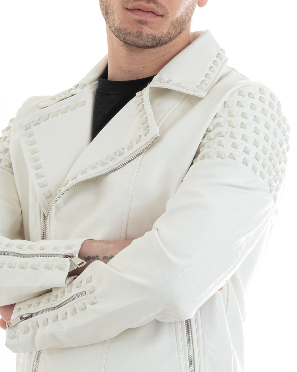 Men's Biker Jacket Studded Collar Solid Color White GIOSAL-G3025A