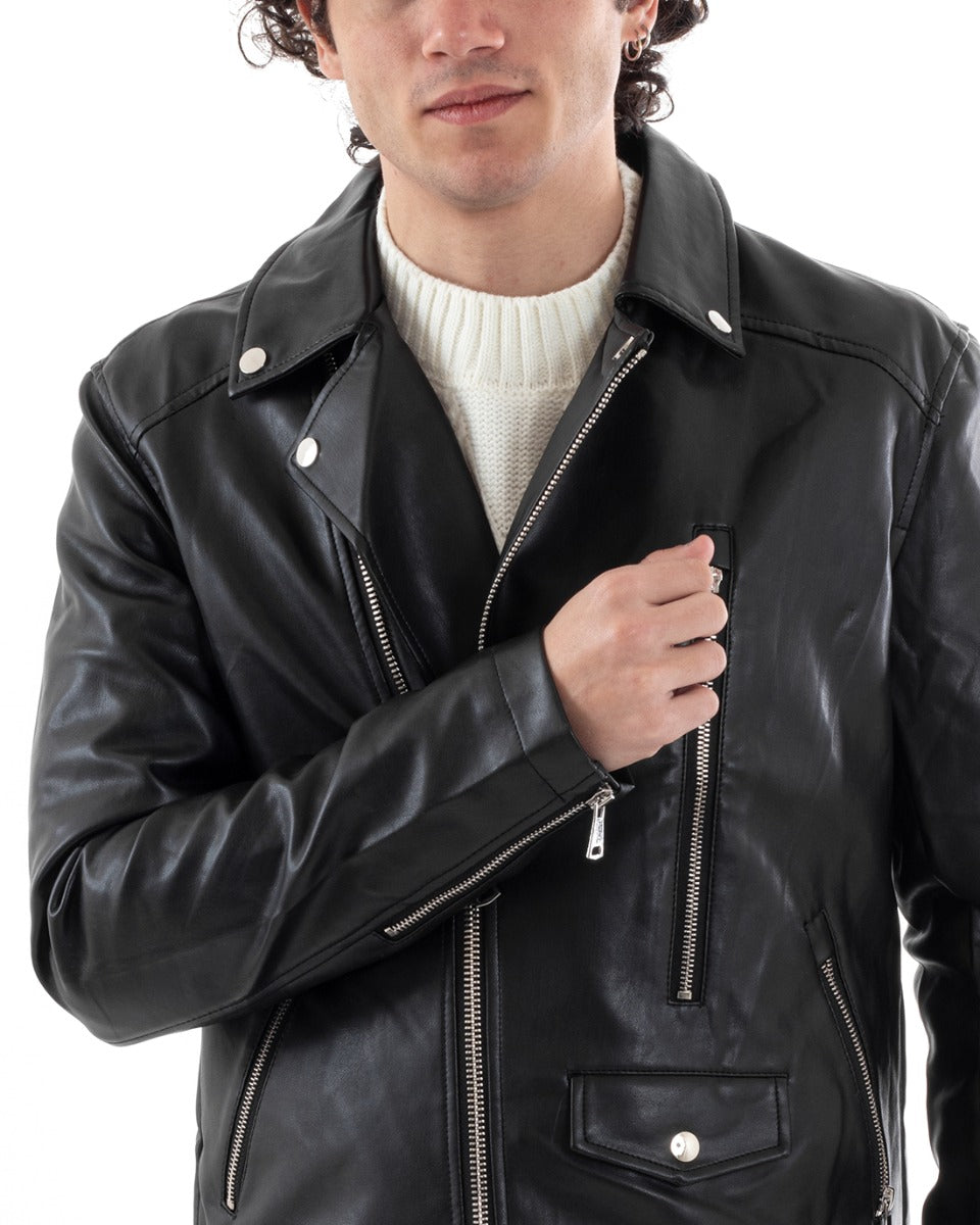 Men's Biker Jacket with Solid Color Collar Black GIOSAL-G3040A