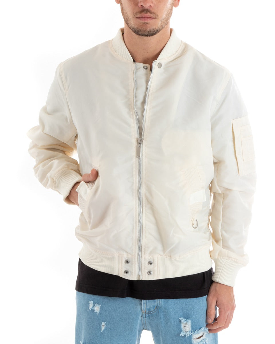 Men's Casual Cream Bomber Jacket Summer Long Sleeve GIOSAL-G3041A