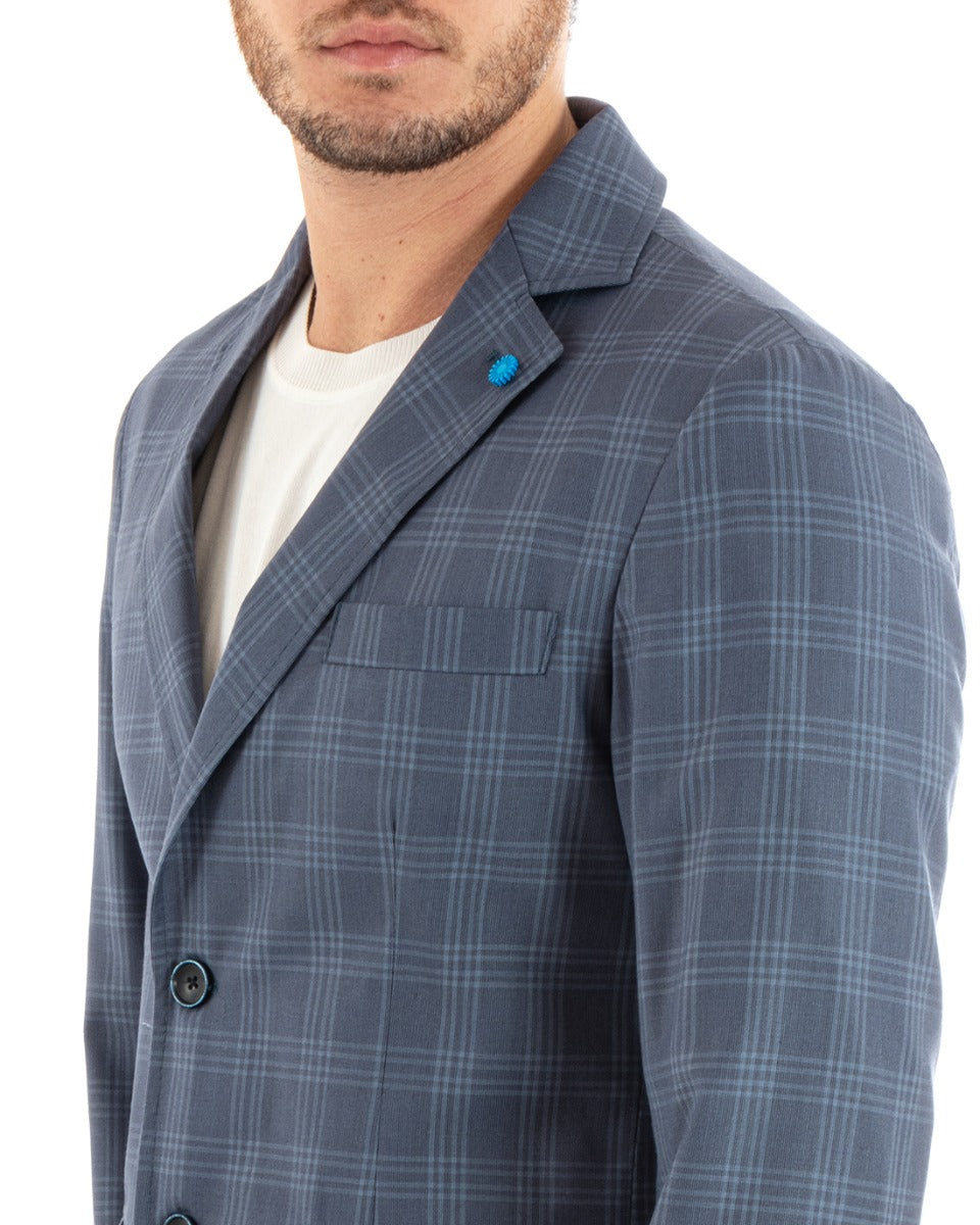 Single-breasted Linen Men's Jacket Checked Blue Ceremony Elegant Casual GIOSAL-G3046A