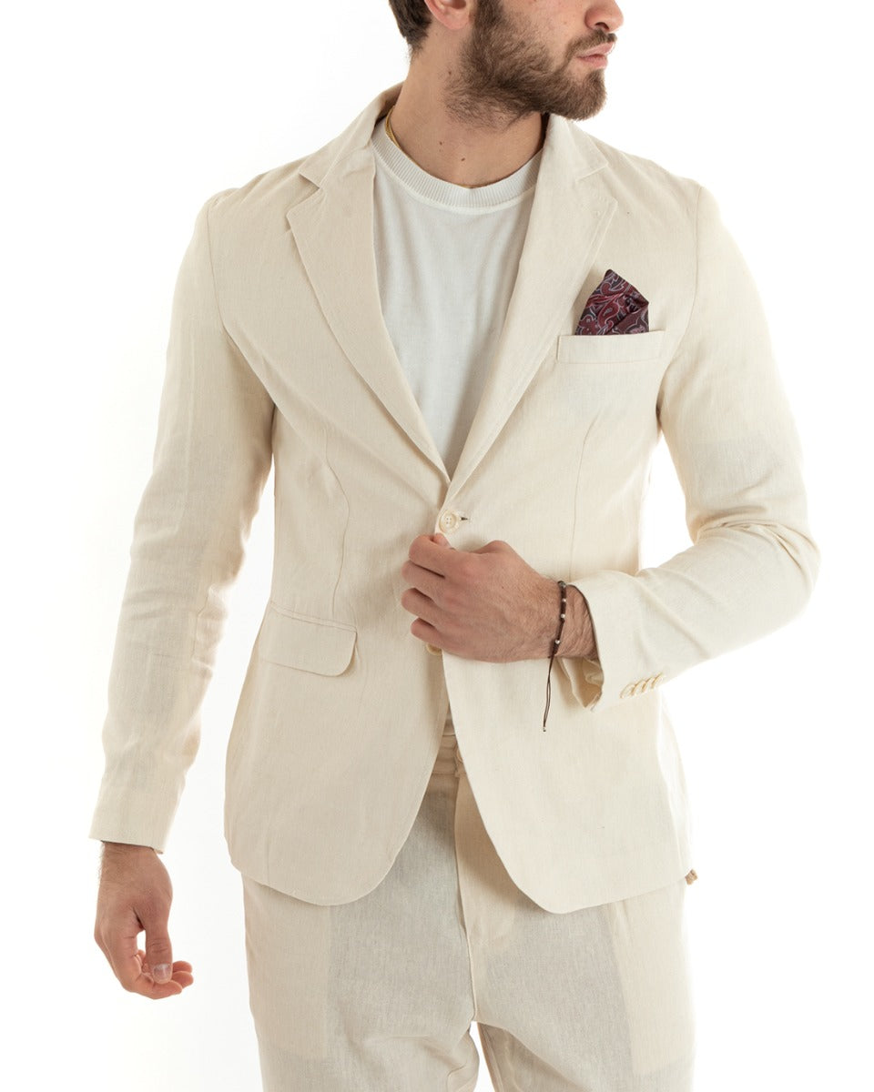 Men's Single-Breasted Linen Jacket Solid Color Beige Tailored Ceremony Elegant Casual GIOSAL-G3053A