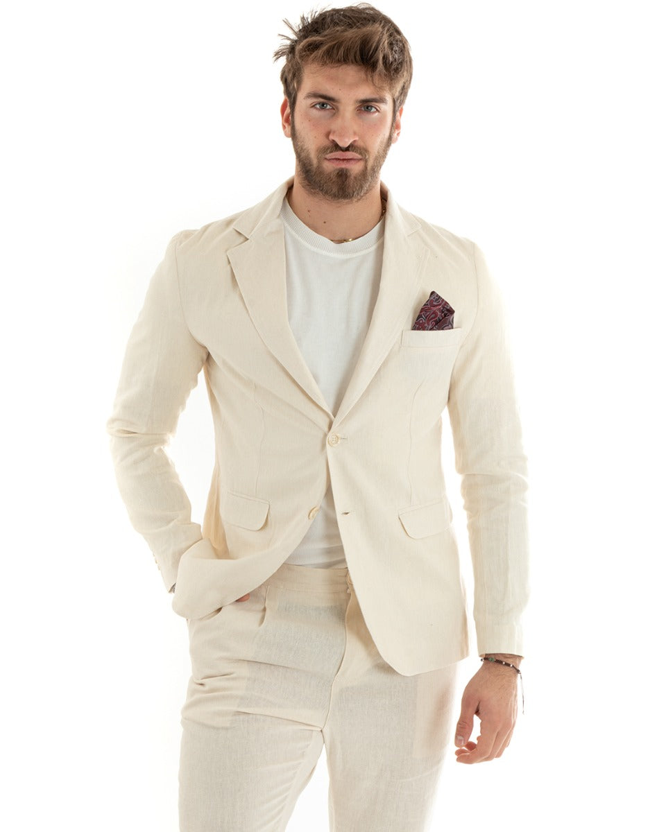 Men's Single-Breasted Linen Jacket Solid Color Beige Tailored Ceremony Elegant Casual GIOSAL-G3053A