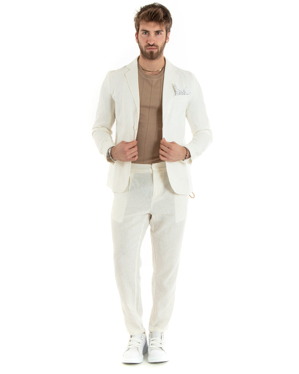 Single-breasted Linen Men's Jacket Plain White Cream Tailored Ceremony Elegant Casual GIOSAL-G3057A