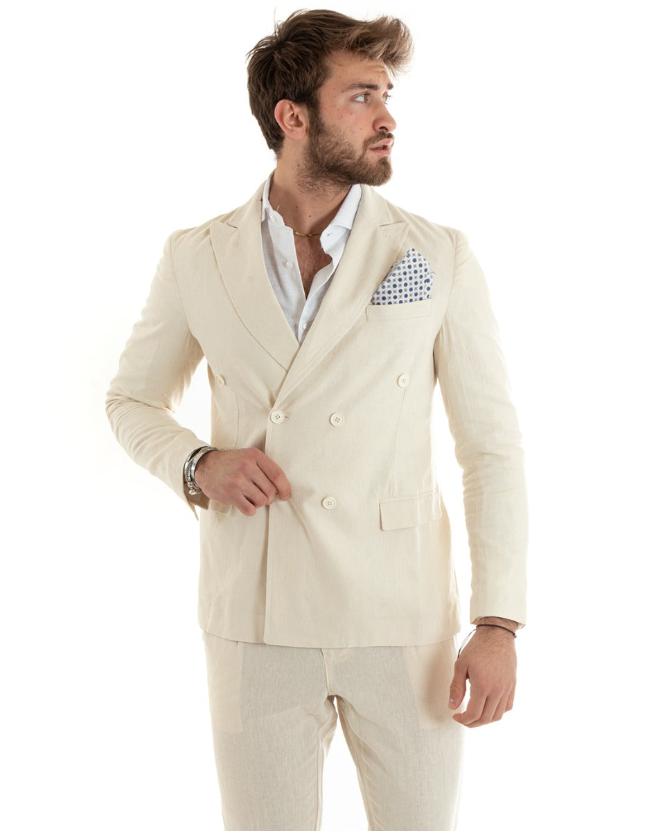 Men's Double-Breasted Linen Jacket Solid Color Beige Tailored Ceremony Elegant Casual GIOSAL-G3060A