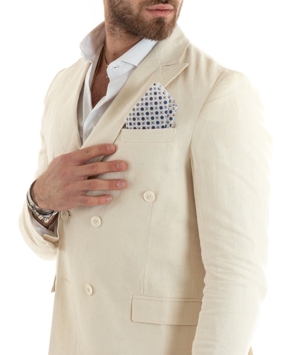 Men's Double-Breasted Linen Jacket Solid Color Beige Tailored Ceremony Elegant Casual GIOSAL-G3060A