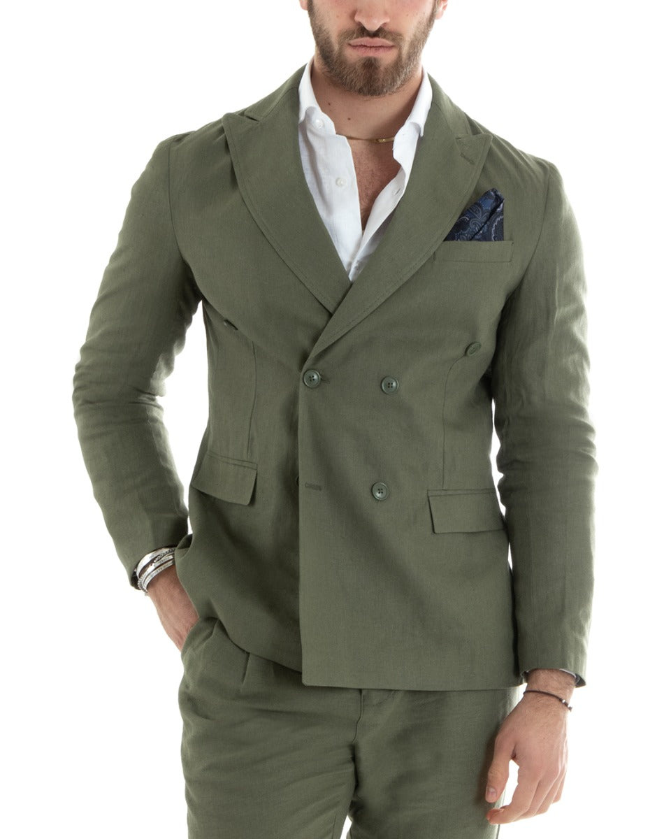 Men's Double-Breasted Linen Jacket Solid Color Green Tailored Ceremony Elegant Casual GIOSAL-G3061A