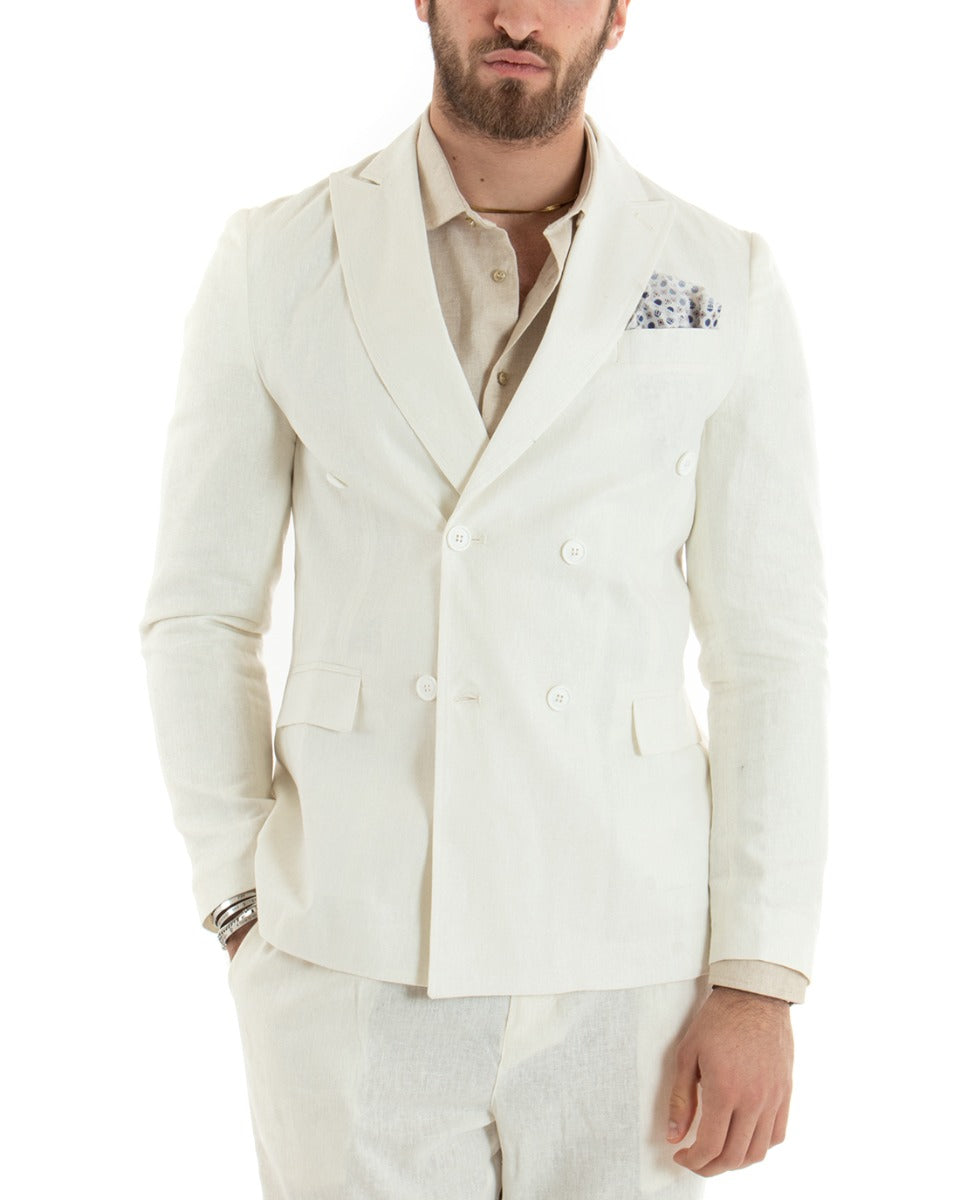 Men's Double-Breasted Linen Jacket Plain White Cream Tailored Ceremony Elegant Casual GIOSAL-G3064A