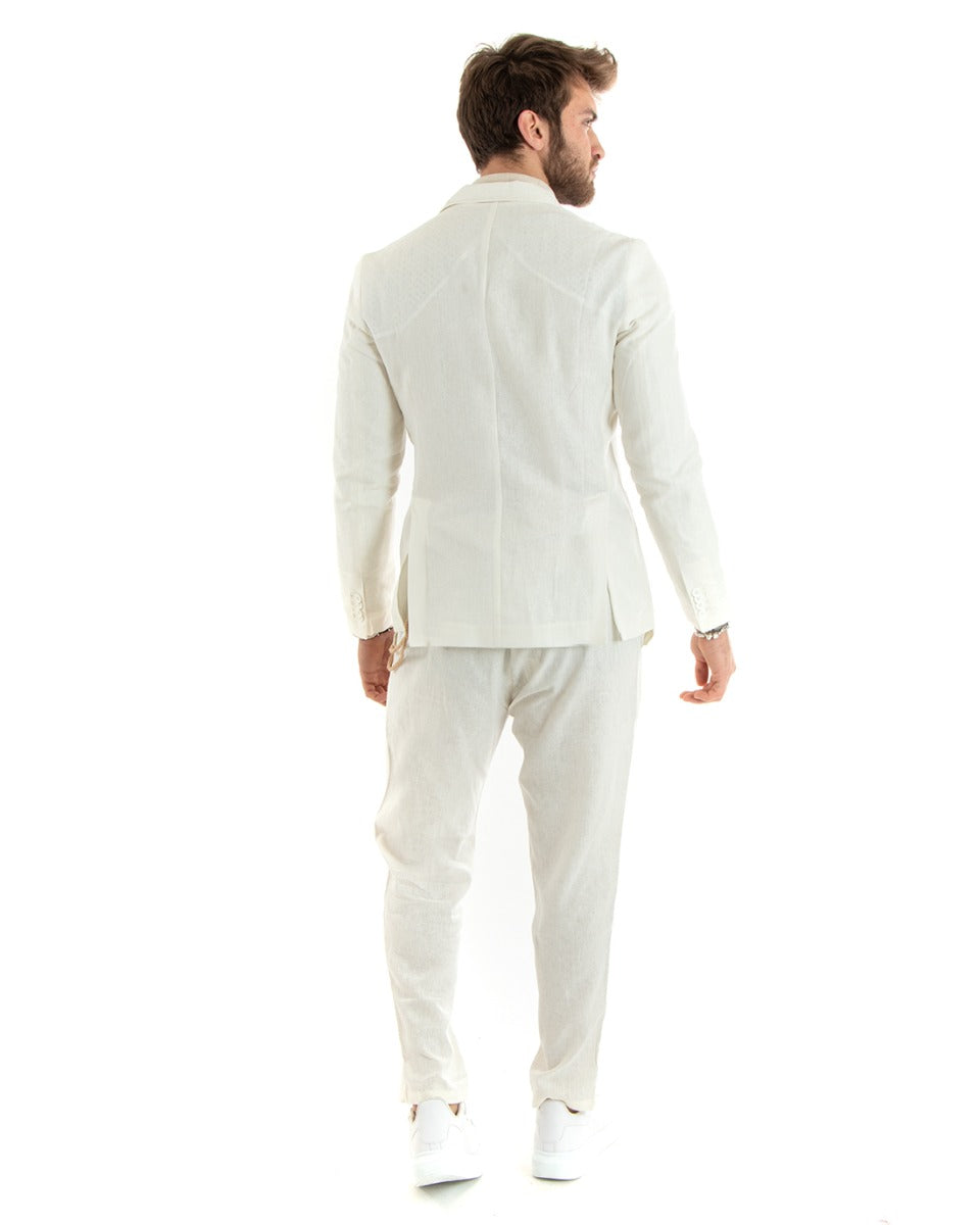 Men's Double-Breasted Linen Jacket Plain White Cream Tailored Ceremony Elegant Casual GIOSAL-G3064A
