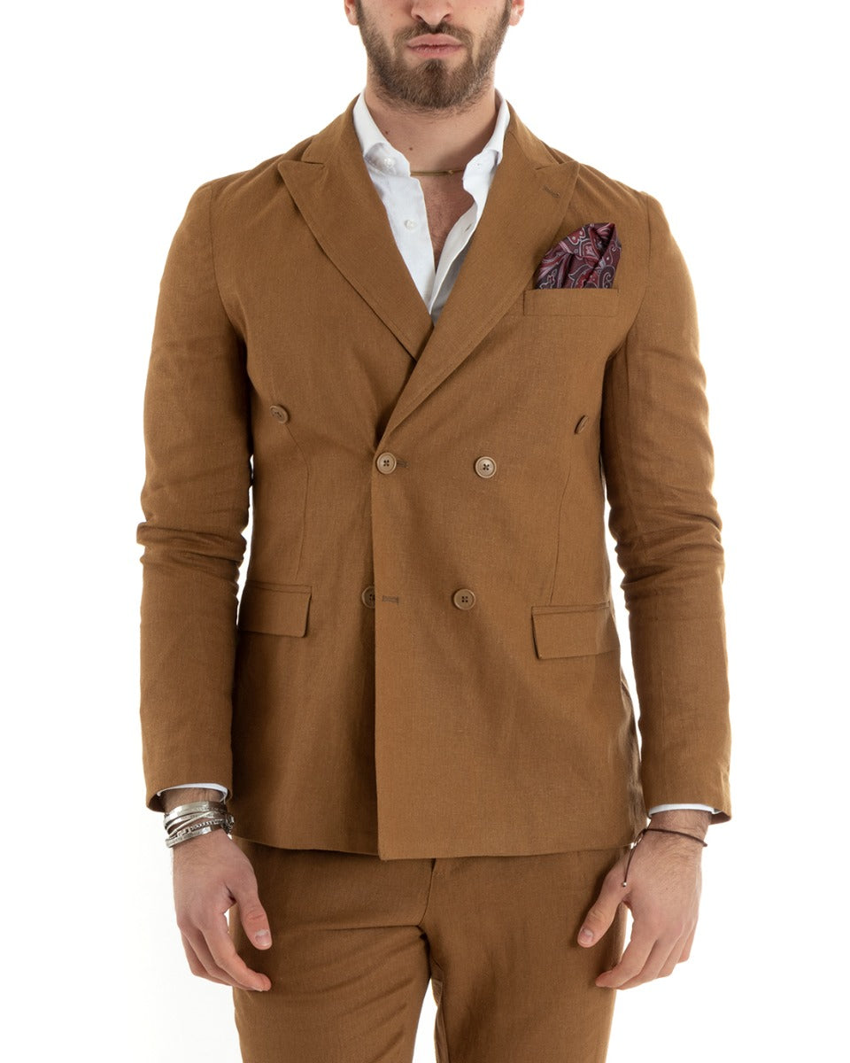 Men's Double-Breasted Linen Jacket Solid Color Camel Tailored Ceremony Elegant Casual GIOSAL-G3065A