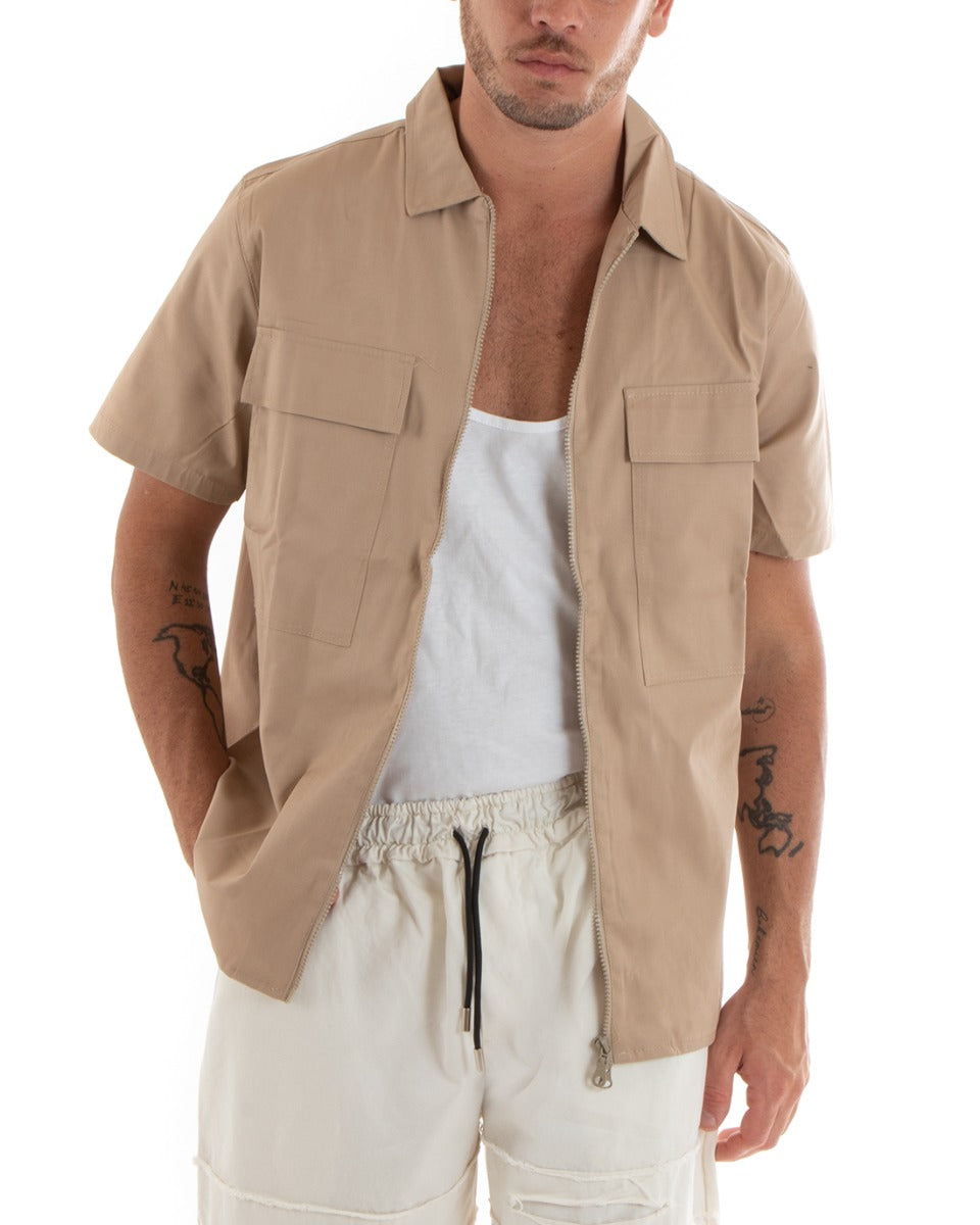 Men's Cotton Shirt Collar Short Sleeves Solid Color Zipper Camel GIOSAL-CC1199A