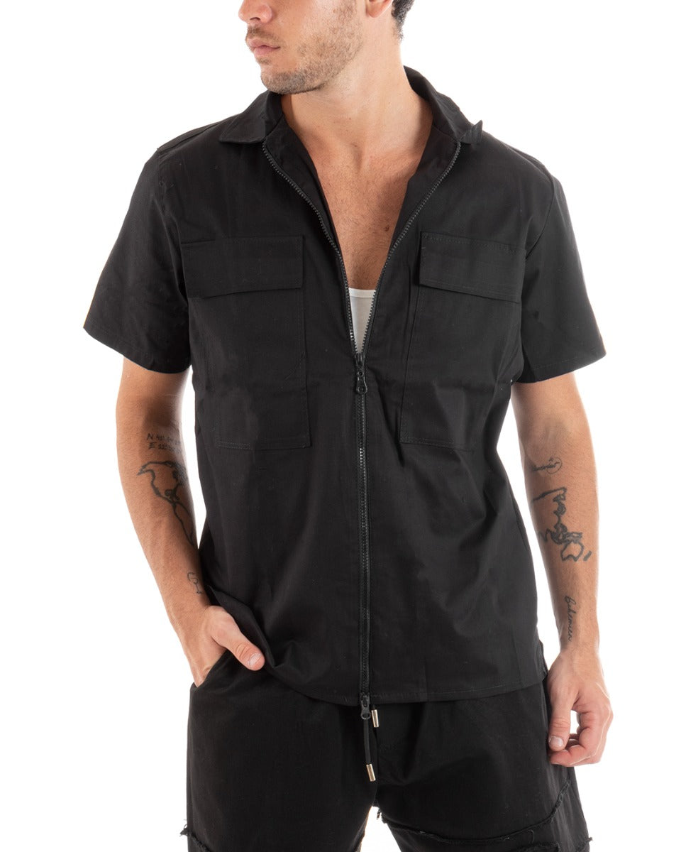 Men's Cotton Shirt Collar Short Sleeves Solid Color Zipper Black GIOSAL-CC1200A
