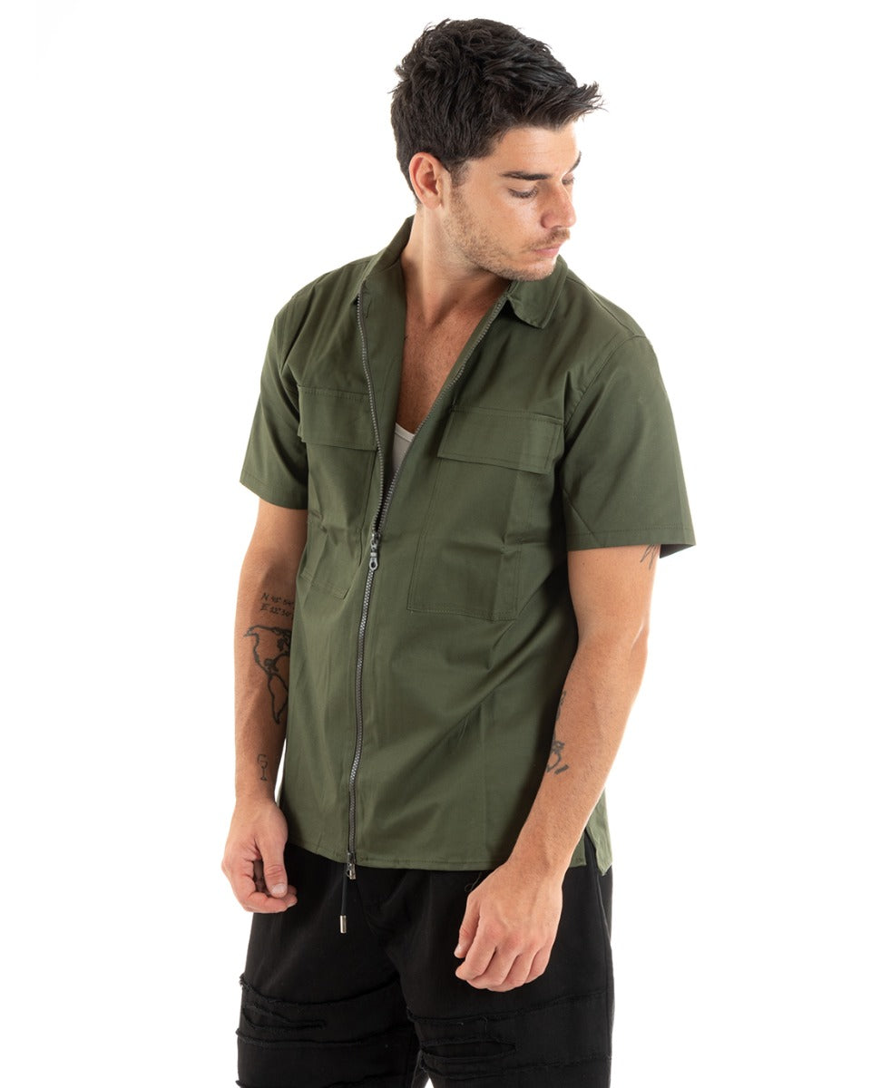 Men's Cotton Shirt Collar Short Sleeves Solid Color Zipper Green GIOSAL-CC1201A