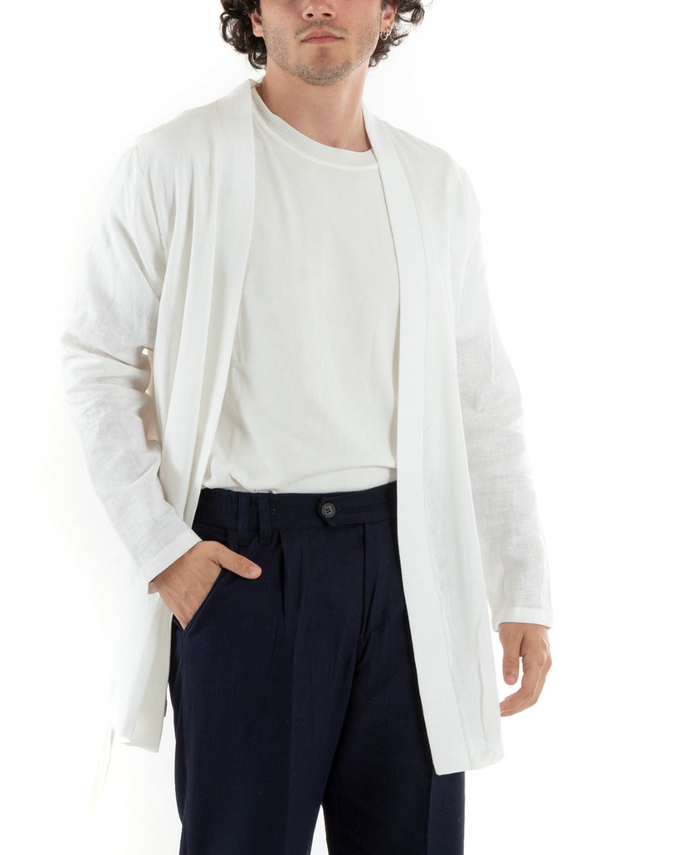 Men's Cardigan Knitted Linen Kimono Sweater With Belt Solid White GIOSAL-M2658A