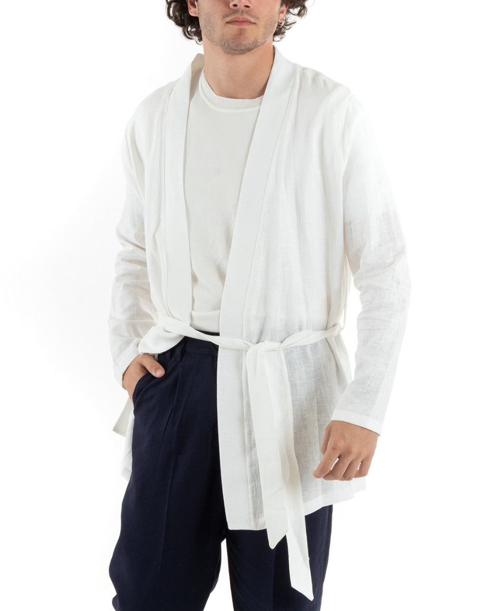 Cardigan Uomo Maglia Maglioncino Lino Kimono Con Cintura Tinta Unita Bianco GIOSAL-M2658A