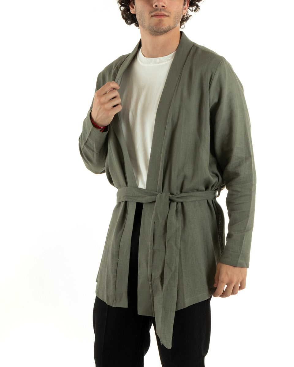 Cardigan Uomo Maglia Maglioncino Lino Kimono Con Cintura Tinta Unita Verde GIOSAL-M2659A